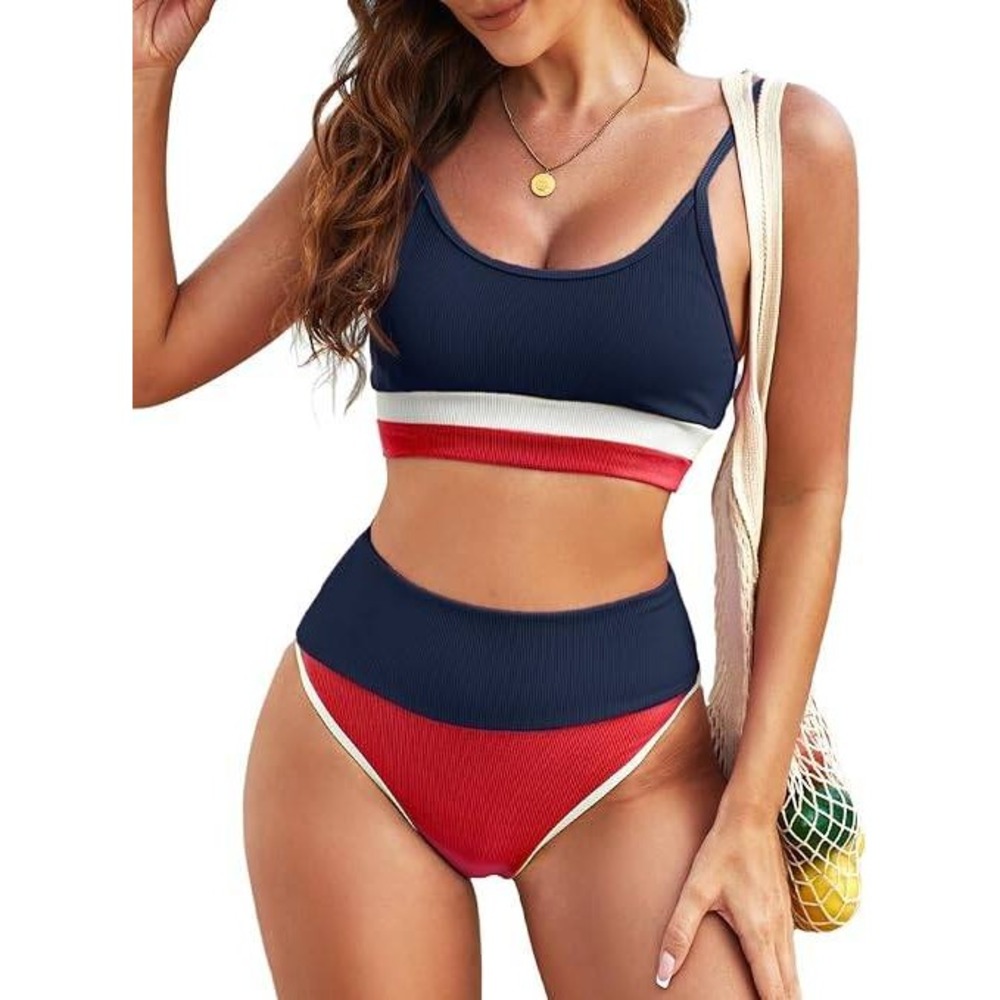 Herseas Womens Ribbed Colorblock High Waisted Bikini‎ Set Navy Red White XL
